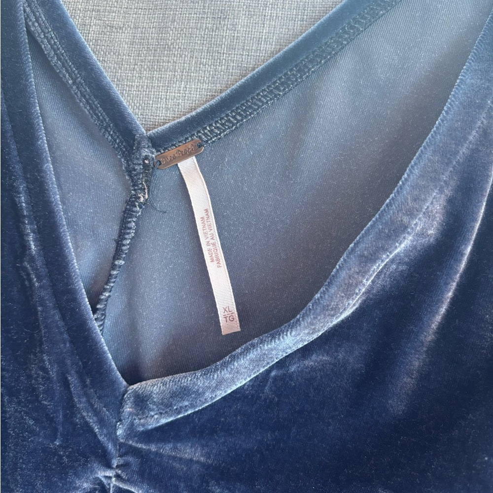 Free People Velvet Ruched V-Neck Top in Navy - Picture 2 of 3